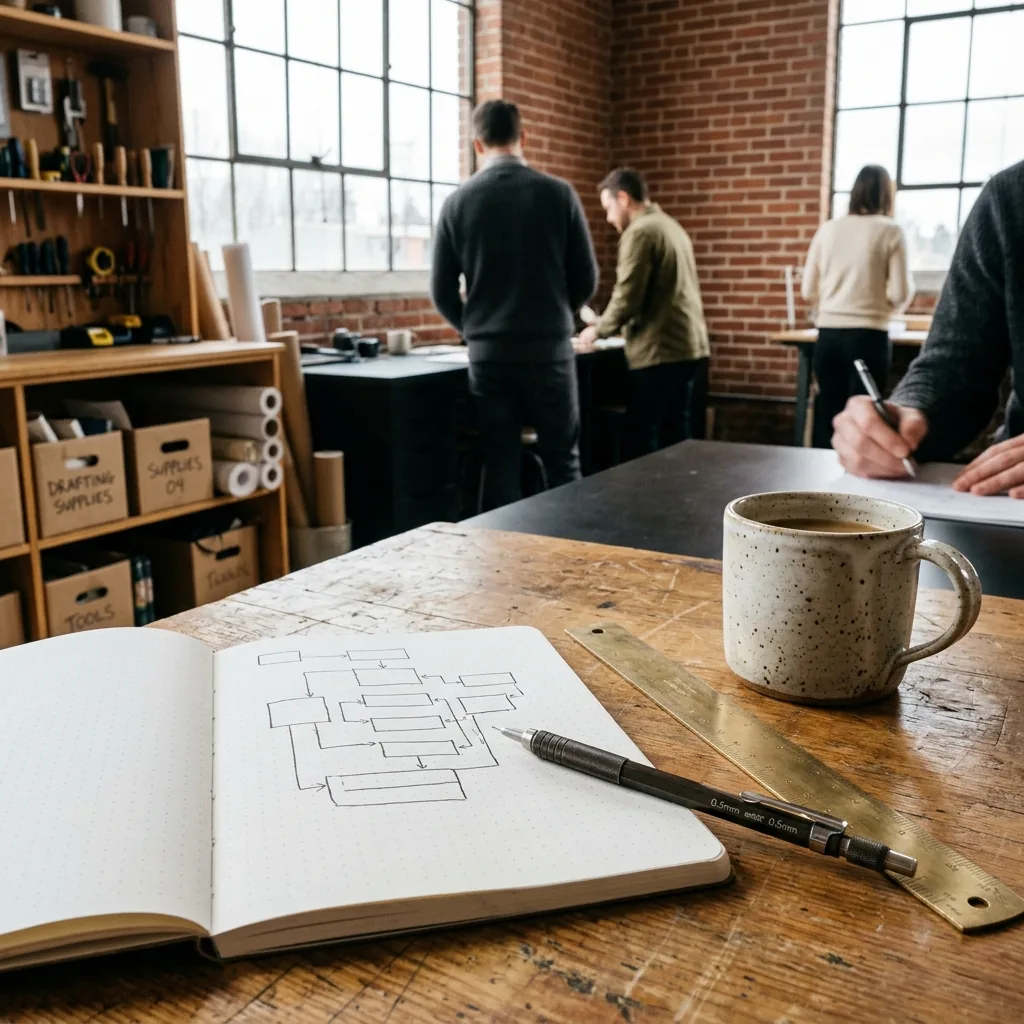 Hand-drawn flow diagram in a dot-grid notebook