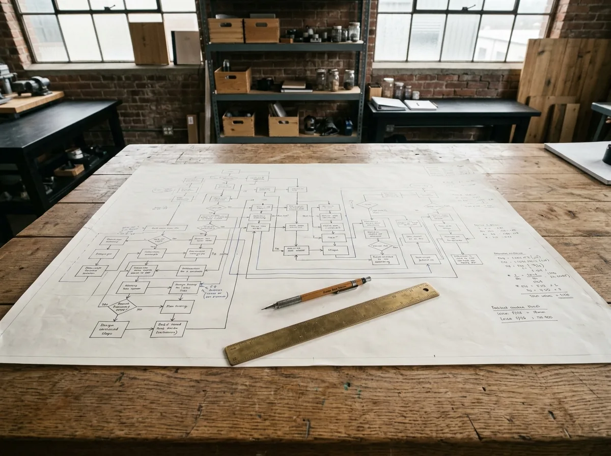 A system blueprint drawn on paper on the studio worktable