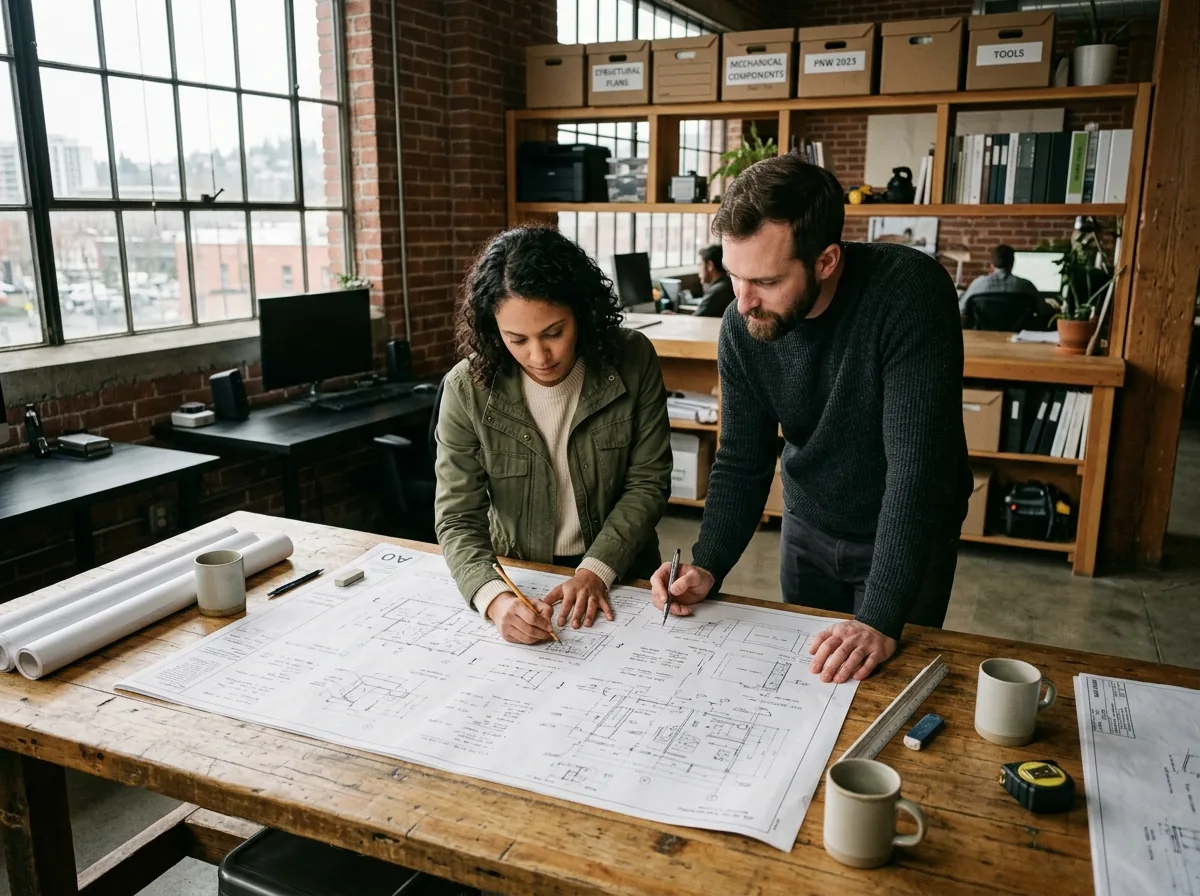Millwright engineers annotating a system blueprint on paper